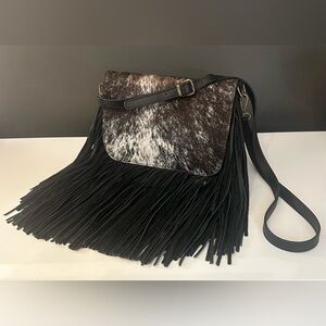Fringe Calf Hair Animal Print Brown White Leather Bag Crossbody Que Chula Vtg